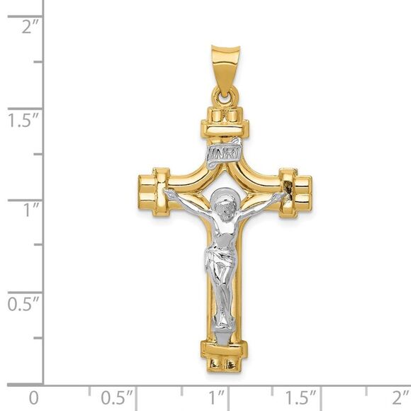 Men's 14k Two Tone Gold Hollow 2D INRI Crucifix Pendant, 24 x 45mm - Picture 4 of 5